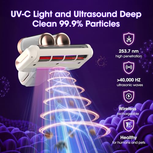 Image of Mattress Vacuum Cleaner Cordless 16Kpa Bed Handheld Vacuum, Vacuum Cleaner with 253.7nm UV-C Light,HEPA Filter & Ultrasonic, Portable Vacuums for Bed Sofa Couch Crib Gifts for women men her white