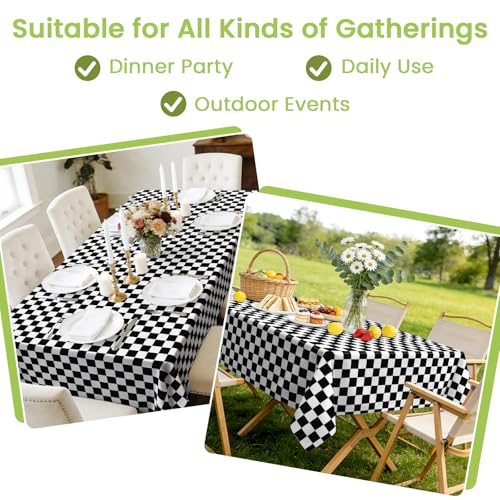 Image of Mulbozy 4 Pcs Black and White Checkered Tablecloths, 54 x 108 Inches Black Checkered Flag Tablecover, Disposable Plastic Gingham Table Cover for Picnic, Truck, Race Car Birthday Party Supplies