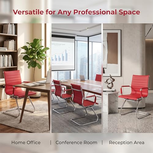 Image of HNY Leather Office Guest Chairs & Reception Chairs Set of 4, Modern Waiting Room Chairs with Arms, Desk Chair no Wheels with Sled Base for Waiting Room /Conference Room, Burgundy