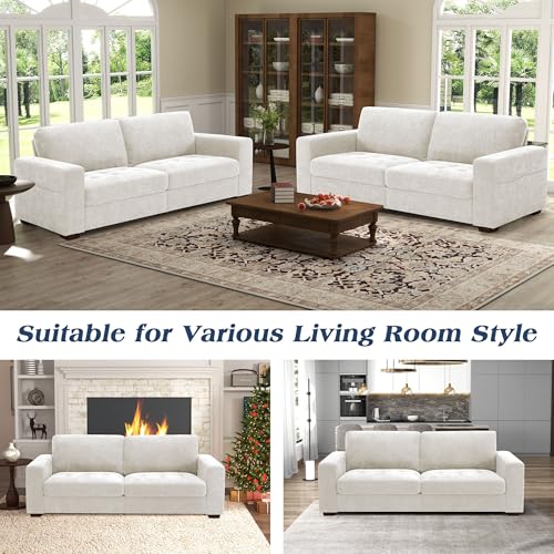 Image of WorthFurni Sofas for Living Room, Chenille Loveseat Couch Set, Small Modern Sofa, USB Charging, Removable Sofa Cover,Solid Wood Frame, Easy to Install(89inch,White)
