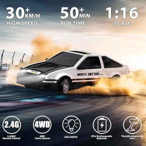 Image of Rc Drift Remote Control Car 1:24 Scale, High-Speed, 4Wd, Led Lights, Rechargeable Racing Car, Drifting Tires, 2.4Ghz, for Kids [Colors as Per Stock] (Toyoto Ae86 Rc Drift -White)