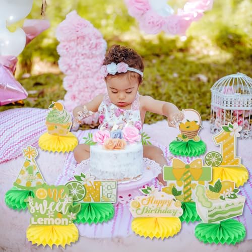 Image of 9pcs Lemon First Birthday Honeycomb Centerpieces Sweet One Lemon Party Table Decorations Summer Lemonade Tabletop Centerpieces for Baby Shower 1st Birthday Table Topper Sign Decorations