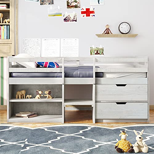 Citylight Twin Low Loft Bed With Storage, Kids Loft Bed With Two Shelves And Two Drawers,Wooden Loft Bed Twin For Girls Boys Bedroom,Antique White #TOP2