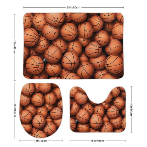 Juego de tres tapetes de piso de terciopelo coral con estampado de baloncesto naranja miniatura 3