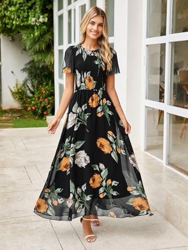 Simplee Womens Summer Floral Casual Maxi Dresses Flutter Short Sleeve Crew Neck Smocked Chiffon Boho Flowy Dress4