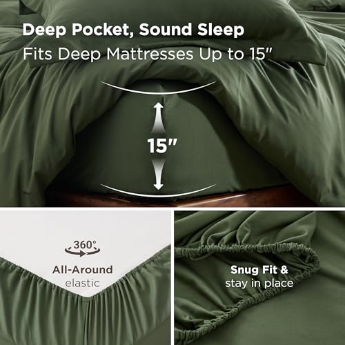 Image of Bedsure Duvet Cover with Fitted Sheet Queen - Deep Pocket, Hotel Luxury Soft Double Brushed Bedding Set with Zipper Closure, 1 Duvet Cover, 1 Fitted Sheet, 2 Pillow Shams, NO Comforter, Green