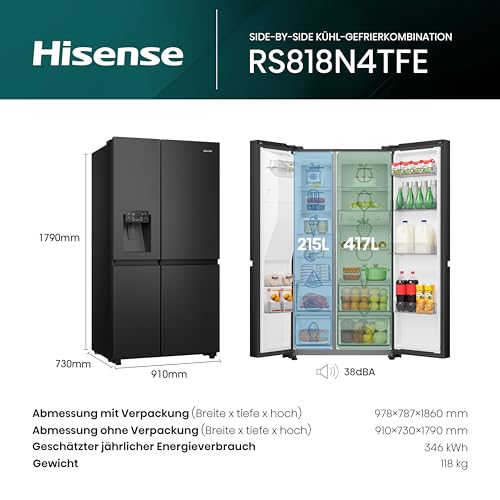 Hisense RS818N4TFE Side-by-Side Kühl-Gefrierkombination /179 cm/Inverter Kompressor/Total NoFrost/Multi Air Flow/Wasserspender mit Wassertank/Kühlteil 417 l/Gefrierteil 215 l/schwarz