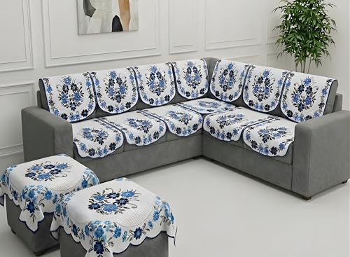 Image of Fab Nation Sofa Cover L Shape 6 Seater with Corner L Type Fully Covered Sofa Set for Living Room | Cotton Sofa Slipcovers for 3 + 3 Seaters Cover + 2 Setty Cover Set | Blue