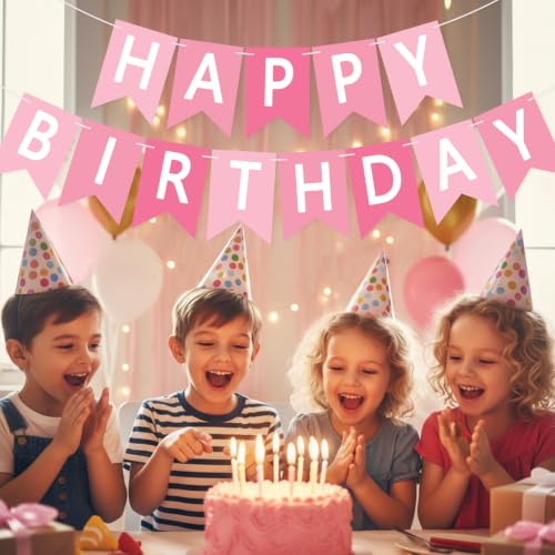 Image of Happy Birthday Banner Sign, Birthday Garland Wall Door Hanging Banners Flag for Women Men Boys Girls Party Backdrop Decorations, Personalized Name Banner White Letters Pink and Light Pink