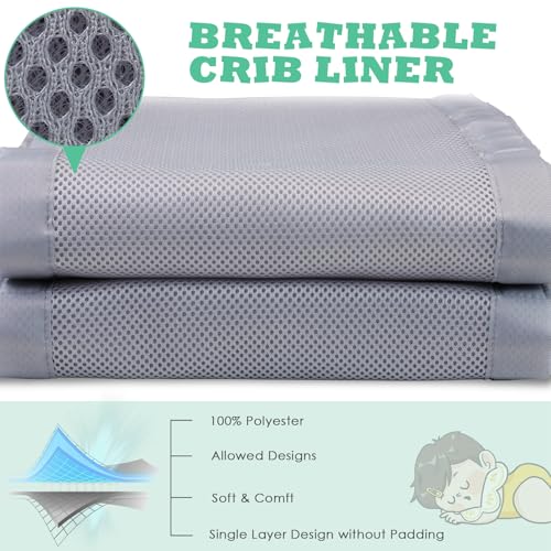 Image of Breathable Mesh Crib Liner for 3 or 4 Side Full-Size Crib, Protecting Baby Legs and Arms, Block Pacifier from Falling, 11 inch H (28cm) Essential 3mm Breathable Mesh Liner, Grey