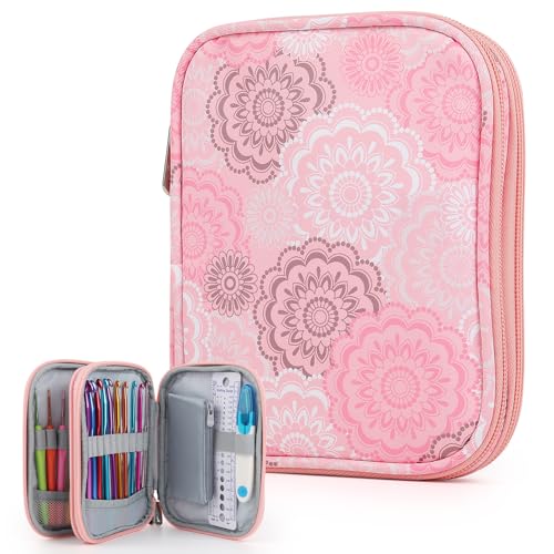 Image of Katech Crochet Hook Case-Empty Zipper Bags Portable Travel Crochet Storage Bag Organizer with Web Pocket and Crochet Hook Holder Slots for Carrying Crochet Needles (Up to 7'')