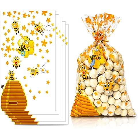 Bnsikun 100 Pcs Bee Cellophane Bags Bee Party Bags Honey Bee Treat Bags Bumble Bee Goodie Bag Baby Shower Candy Bags Yellow Plastic Gift Bags for Bee Theme Party Supplie Cover