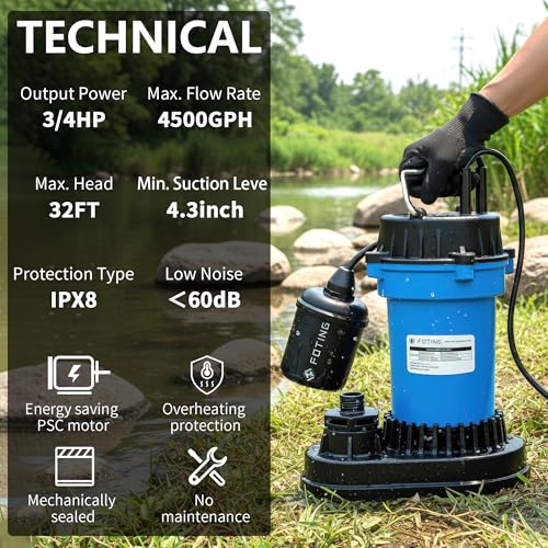 Image of FOTING 3 /4HP Submersible Sump Pump,4500 GPH Cast Iron Sewage /Effluent Pump,Automatic Tethered Float Switch,Septic Pump for Basement,Septic Tank,Basin,Sewage Well,1-1 /2 inch NPT Discharge, Dark Blue