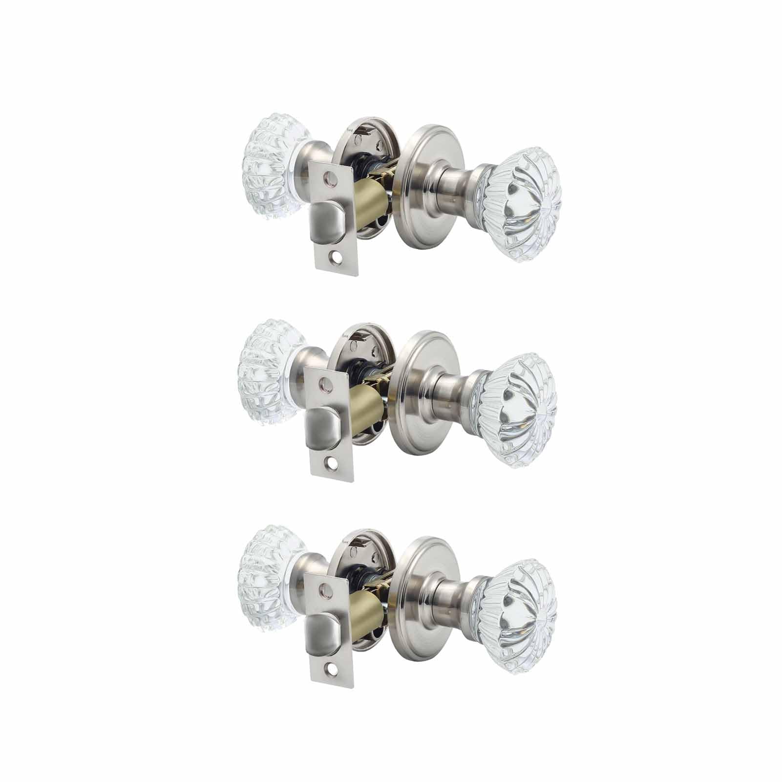 Cielsa Dawn Glass Door Knobs Interior with Lock, Satin Nickel Door Handles, Crystal Door Knobs with Lock(Satin Nickel, Privacy),3pack