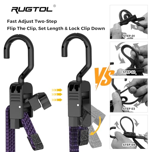 Image of Rugtol Bungee Cords with Hooks, 48 Inch Adjustable Flat Bungee Straps with Quick Release Buckle, Black Purple Heavy Duty Elastic Cords with Metal Hooks for Bike Rack, Camping, Outdoor, Tarp, 6 Pack