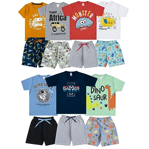 Kit Sortido 12 Peças de Roupas Infantil Menino 6 Camisetas + 6 Bermudas Kit com 6 Conjuntos de Roupa