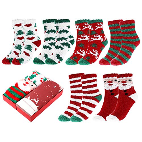 CHIC DIARY Women Christmas Socks Cozy Fuzzy Cotton Xmas Funny Crew Socks Winter Warm Novelty Holiday Socks (Style A-#03(6pairs))