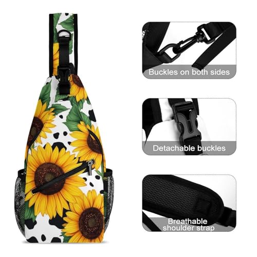Men's Fashion Chest Bag, Travel Shoulder Pack, Small Cross Body Sling Bag 80s Vintage Sunflower Cow Print3