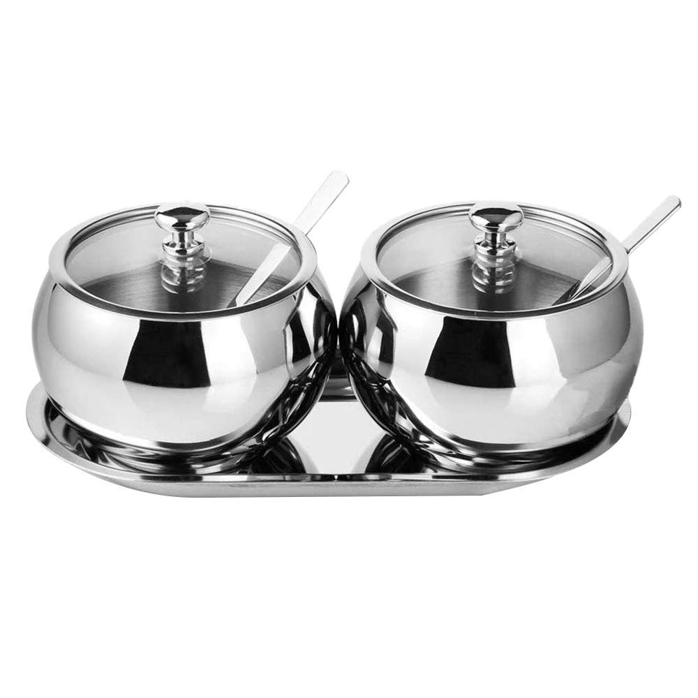 XINGYU Sucrier avec Couvercle et cuillère, 2 bocaux à épices en Acier Inoxydable Set Pots à Condiments, Argent