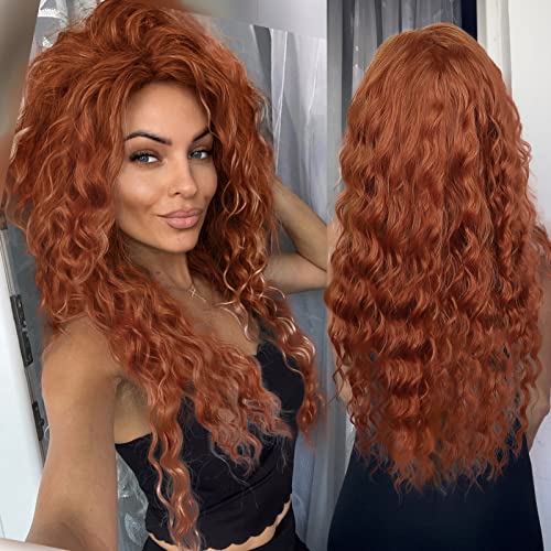 Image of GNIMEGIL Long Ginger Red Orange Curly Wig Synthetic Hair Merida Costume with Fluffy Waves Free Part Hairline Natural Copper Tones Wig Ideal for Halloween Cosplay and Drag Queen Wigs