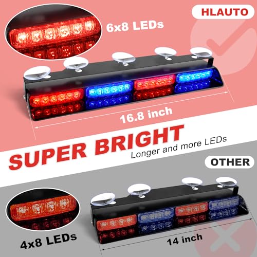 HLauto 604N Emergency Dash Strobe Lights: 2x16.8 inch Red Blue Security Light w/Take Down, 48 LED Safety Flashing Warning Hazard Interior Windshield Light Bar for Trucks Vehicles - Thumbnail 2