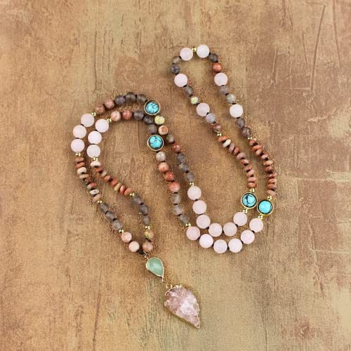 Sofiacreations Natural Rose Quartz Arrowhead Pendant108 Beads Mala Prayer Healing Crystal Necklace #TOP5
