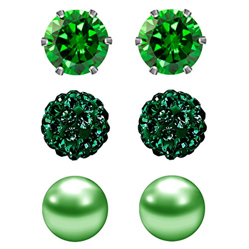 JewelrieShop Cubic Zirconia Rhinestones Crystal Ball Faux Pearl Birthstone Stud Earrings for Women Girls - Hypoallergenic Stainless Steel Earrings - 3 Pairs - Green (May.)