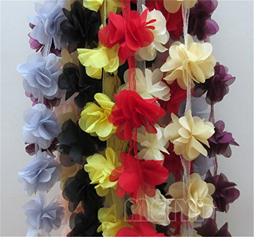 3 Meters Flowers 3D Petals Chiffon Leaves Lace Edge Trim Ribbon 5 Cm Width Colourful Edging Trimmings Fabric Embroidered Applique Sewing Craft Wedding Bridal Dress Diy Decor (Red) #TOP2
