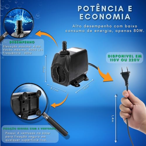 Bomba Submersa PL-207 para Aquários, Lagos e Fontes - 4000 L/H, Potente, Silenciosa e Econômica, Ide
