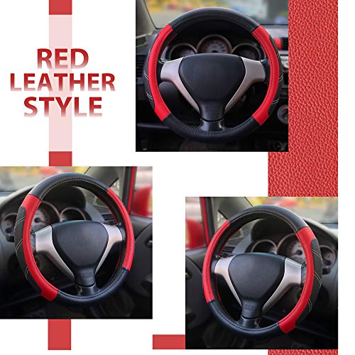 Image of Elantrip Leather Steering Wheel Cover 15 1 /2 to 16 inch Universal Large Grip Breathable for Car Truck SUV Jeep Anti Slip Black and Red
