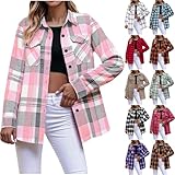 Womens and Girls Plaid Flannel Shirts - Fashion Long Sleeve Button Down Shirts Dressy Casual Lightweight Shacket Shackets for Women Fall Fashion Must Haves
