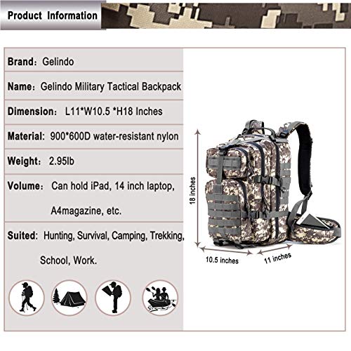 Gelindo Military Tactical Backpack, Hydration Backpack, Army Assault Pack Molle Bag for Outdoor Hiking Camping, 35L - Thumbnail 7