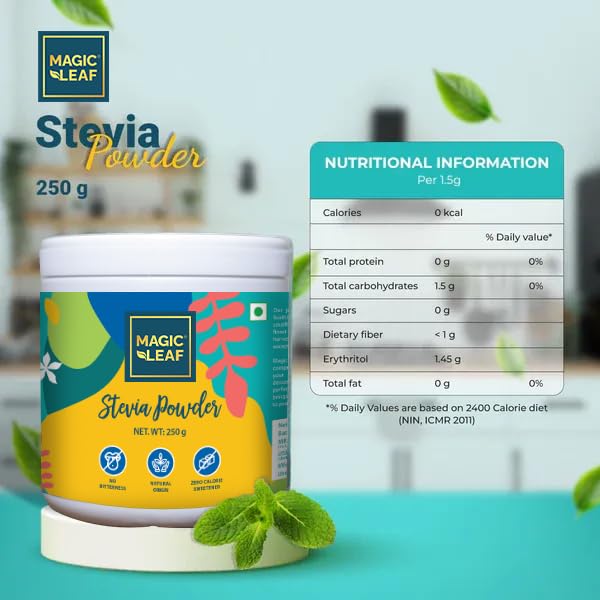 Magic Leaf Sugar Free Stevia Powder, 250 gms, Natural Origin Sweetener, Zero Calorie for Health Management, 99.9% REB-A Purity, Diabetic Friendly Sugar Substitute 4