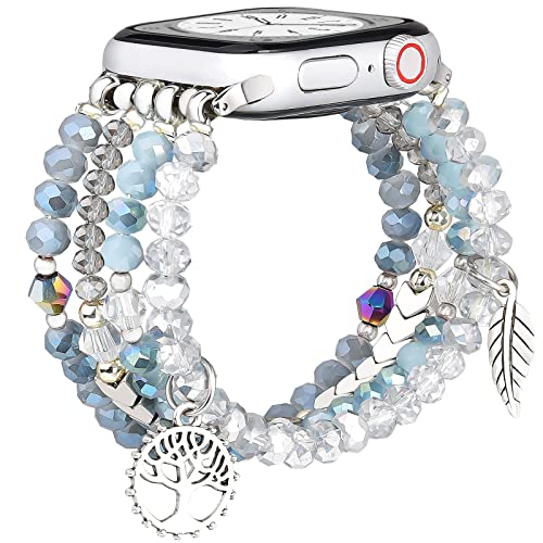 Mofree Beaded Bracelet Compatible For Apple Watch Band 38Mm 40Mm 41Mm Women, Fashion Handmade Crystal Beads Elastic Stretchy Strap For Iwatch Series Se 8 7 6 5 4 3 2 1 Blue/Silver #TOP1