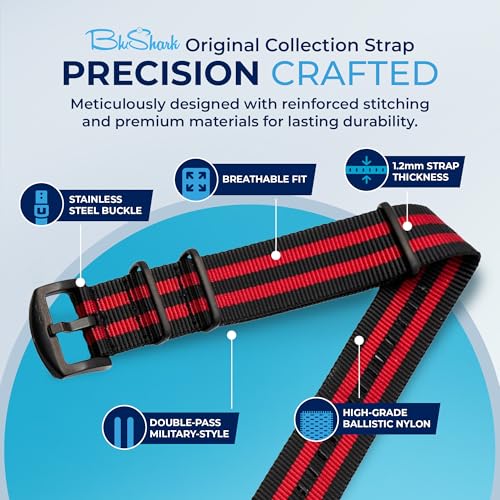 Image of BluShark - Original Collection Military-Style Waterproof Watch Strap, Fits All Timepiece Brands, Durable Nylon Wristwatch Accessories with Stainless Steel Buckle - 18mm, 20mm, 22mm & 24mm Watch Bands