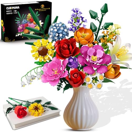 CUBIMANA Blumenstrauß-Bausatz – 1000 Teiles Blumenstrauß-Set, Botanische Geschenk zum Valentinstag für Sie und Ihn, 15 Künstliche Blumen Bausteine Heimdekoration für Erwachsene 6+