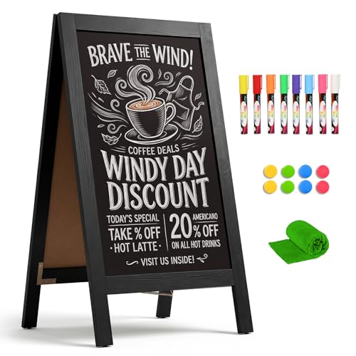 4 THOUGHT A-Frame Double-Sided Magnetic Chalkboard 40'x20', Solid Pine Wood Freestanding Sandwich Board for Restaurants, Cafes, Weddings (Black)