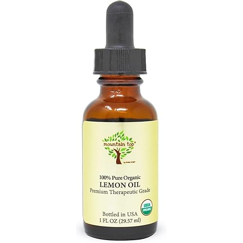 MOUNTAIN TOP Organic Lemon Essential with Glass Dropper - USDA Certified 100% Pure Premium Therapeutic Grade Diffuser Oil for Aromatherapy, DIY Cleaning, Refreshing Skin Care