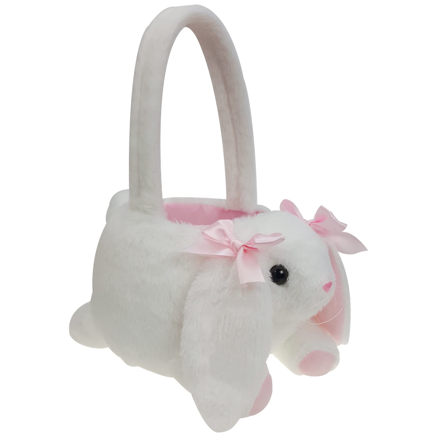 Lovely Easter White Bunny with Pink Bows Basket Easter Hunting Basket For Kids Easter Egg Basket (White Bunny Basket)
