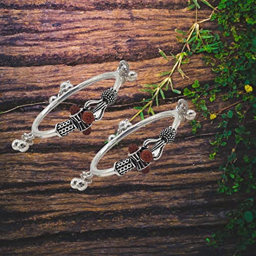 Image of Sahiba Gems Exclusive Silver Baby Kada /Bangle Rudraksh Trishul Design (Chandi Kada) ~ Fit upto 1.50 Years Babies