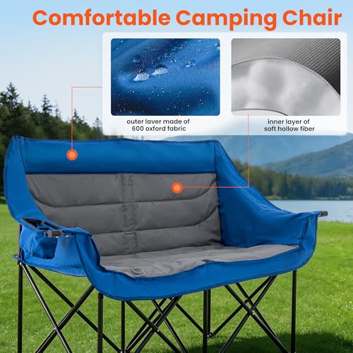 Asrug Silla de Camping Doble Acolchada para 2 Personas Plegable con Porta Vasos y Bolsillos Laterales Azul y Gris Oscuro miniatura 5