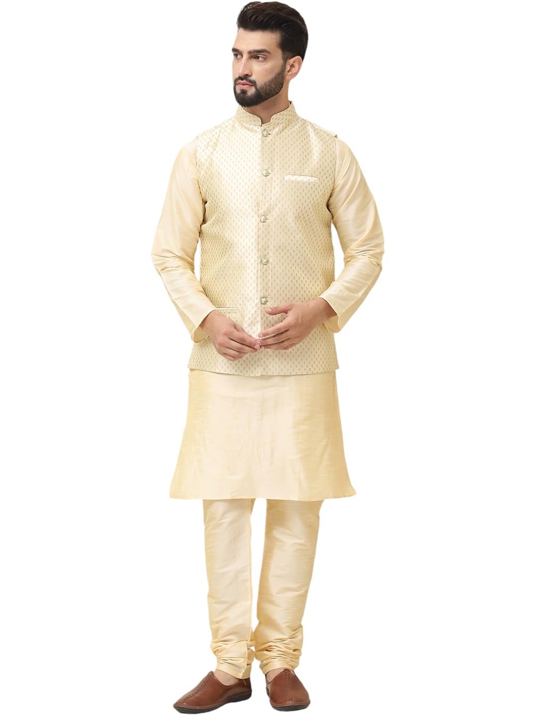 Sojanya (Since 1958 Men's Silk Blend Gold Kurta Pyjama With Self Design Beige Nehru Jacket