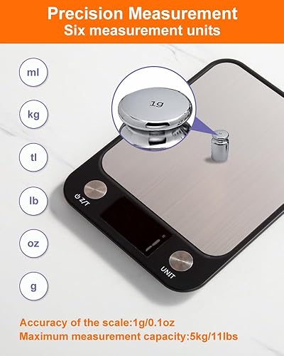 Miniatura 2 de Brigii Báscula de alimentos, báscula digital de cocina, acero inoxidable, peso en gramos, onzas, mililitros y libras, ideal para preparar comidas,