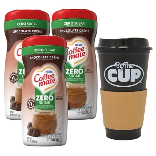 Coffee mate Chocolate Creme Sugar Free Powdered Creamer, 10.2 oz Canister (Pack of 3) with By The Cup Travel Cup