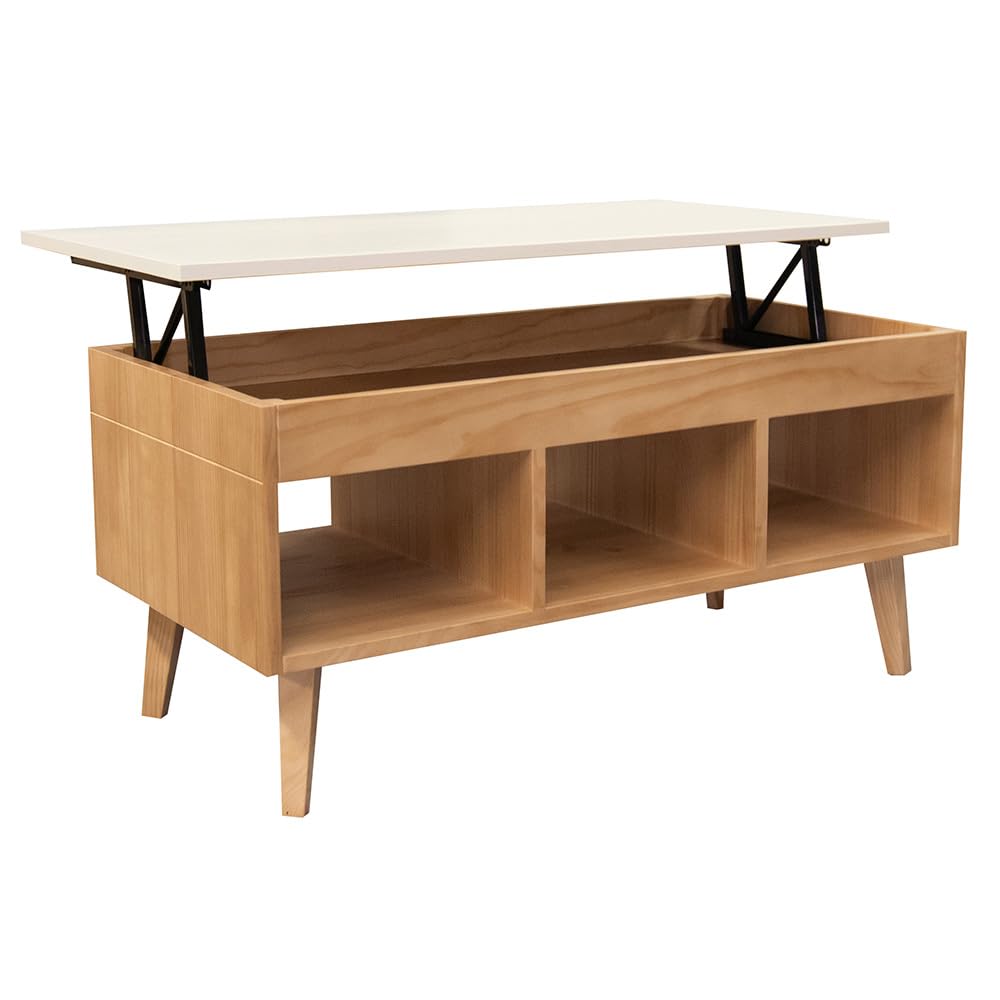 LoMasCasa - Mesa de Centro Salón Elevable Colección Karla 11 en Madera Maciza de Pino Natural Ecológica Estilo Nórdico en Color Madera y Blanca con Tres Huecos y Medidas 100x50x47 cm