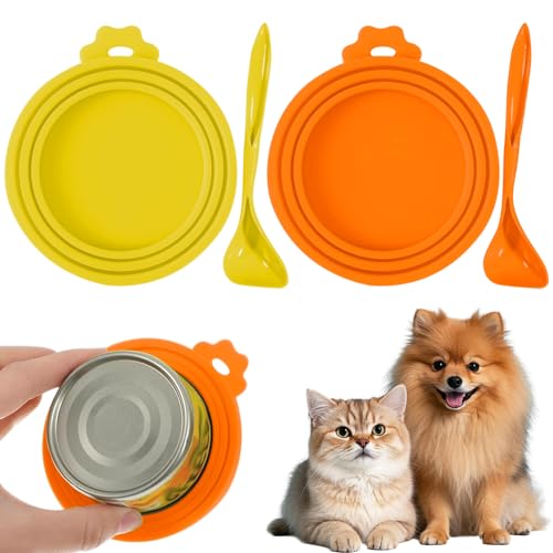 Image of 4PCS Pet Food Can Lids, Silicone Food Can Covers Set with Spoon, Reusable BPA-Free and Dishwasher Safe for Dog and Cat Food Canned, Yellow /Orange