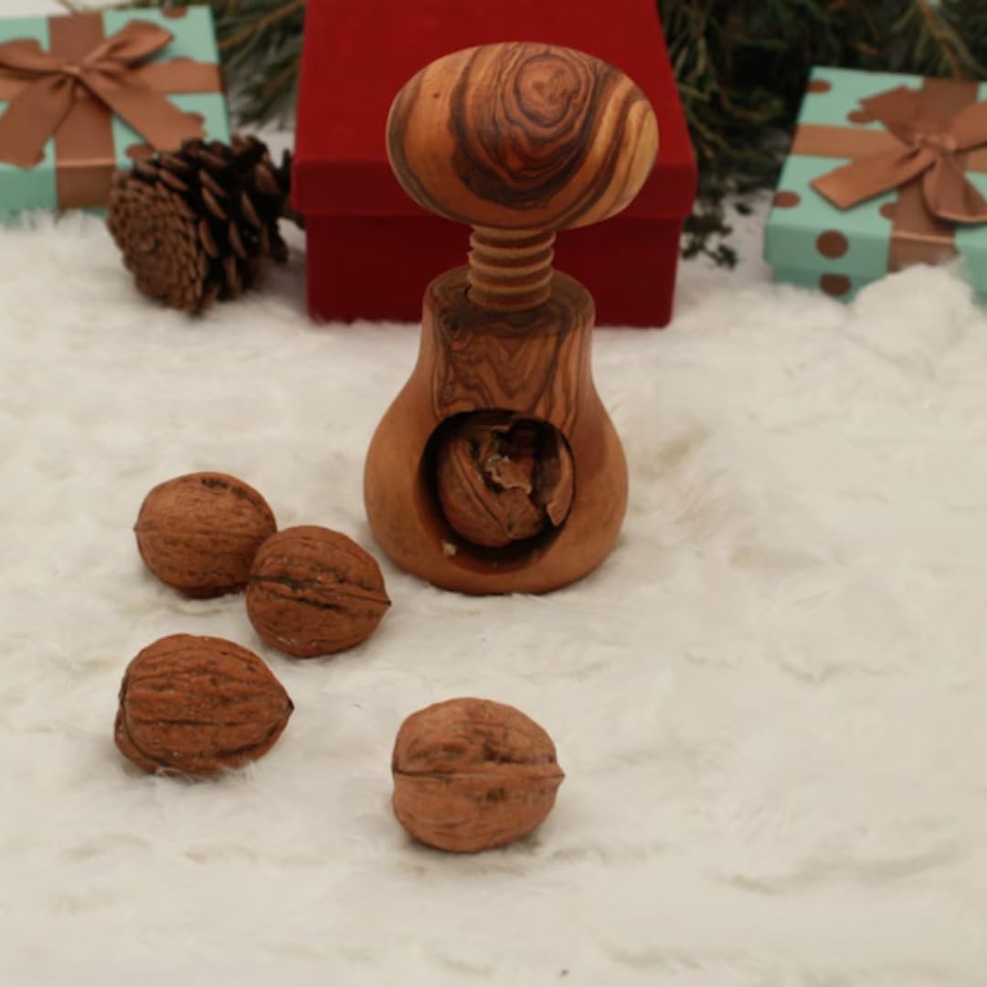 Casse Noix, Casse Noisette, Casse Noix en Bois, Casse Noix Champignon - Casse Noix sans Effort Bois d'olivier - Mécanisme à vis - Ustensile de Cuisine - 10 x 6 cm