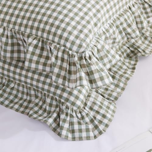 2 Pack Sage Green White Plaid Ruffle Pillow Shams Standard Size 20x26 inches, 100% Cotton Gingham Checkered Farmhouse Pillowcases for Bed/Sofa (20x26 inches, Sage Green/White Plaid)