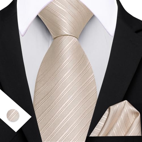 Image of Barry.Wang Solid Striped Tie for Men Silk Necktie Pocket Square Cufflinks Formal Wedding Party Business