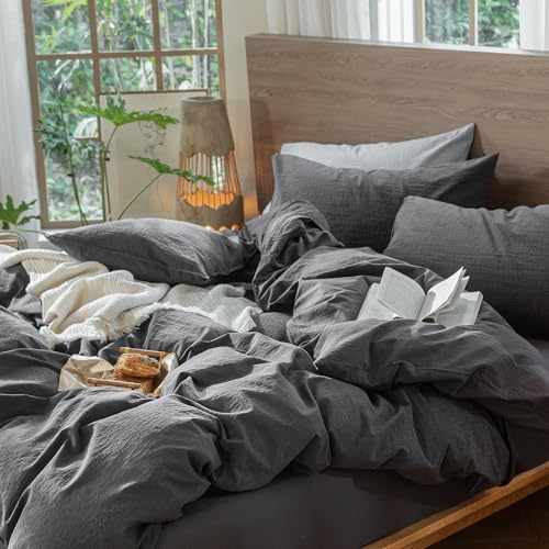 Image of MooMee Wavy Striped Duvet Cover Set 100% Washed Cotton Linen Like Textured Breathable Durable Soft Comfy (Charocal Grey, Twin 68 inchx90 inch)